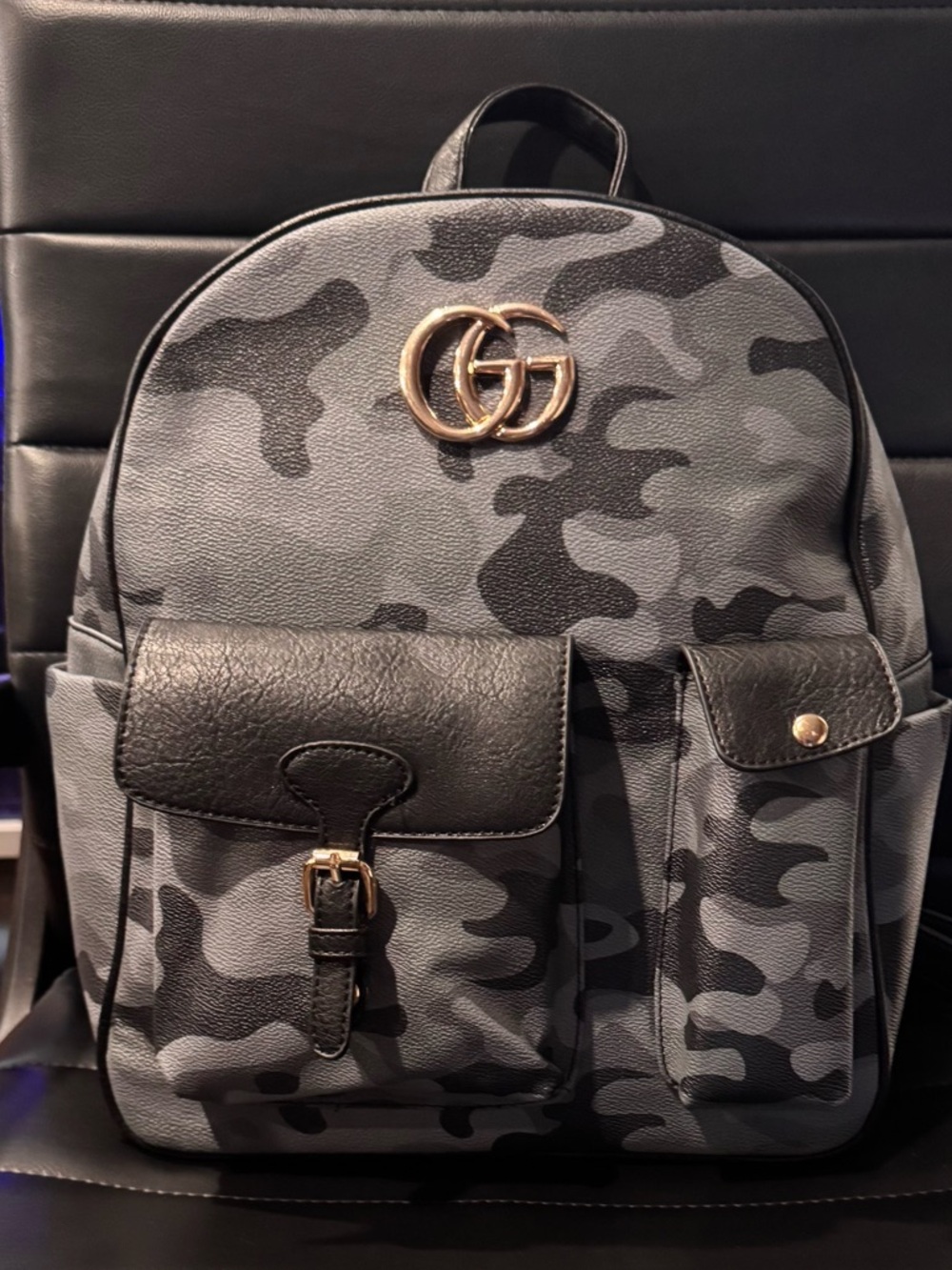Gray Camo GG Backpack | Stylish Mini Backpack | Black & Gold Hardware